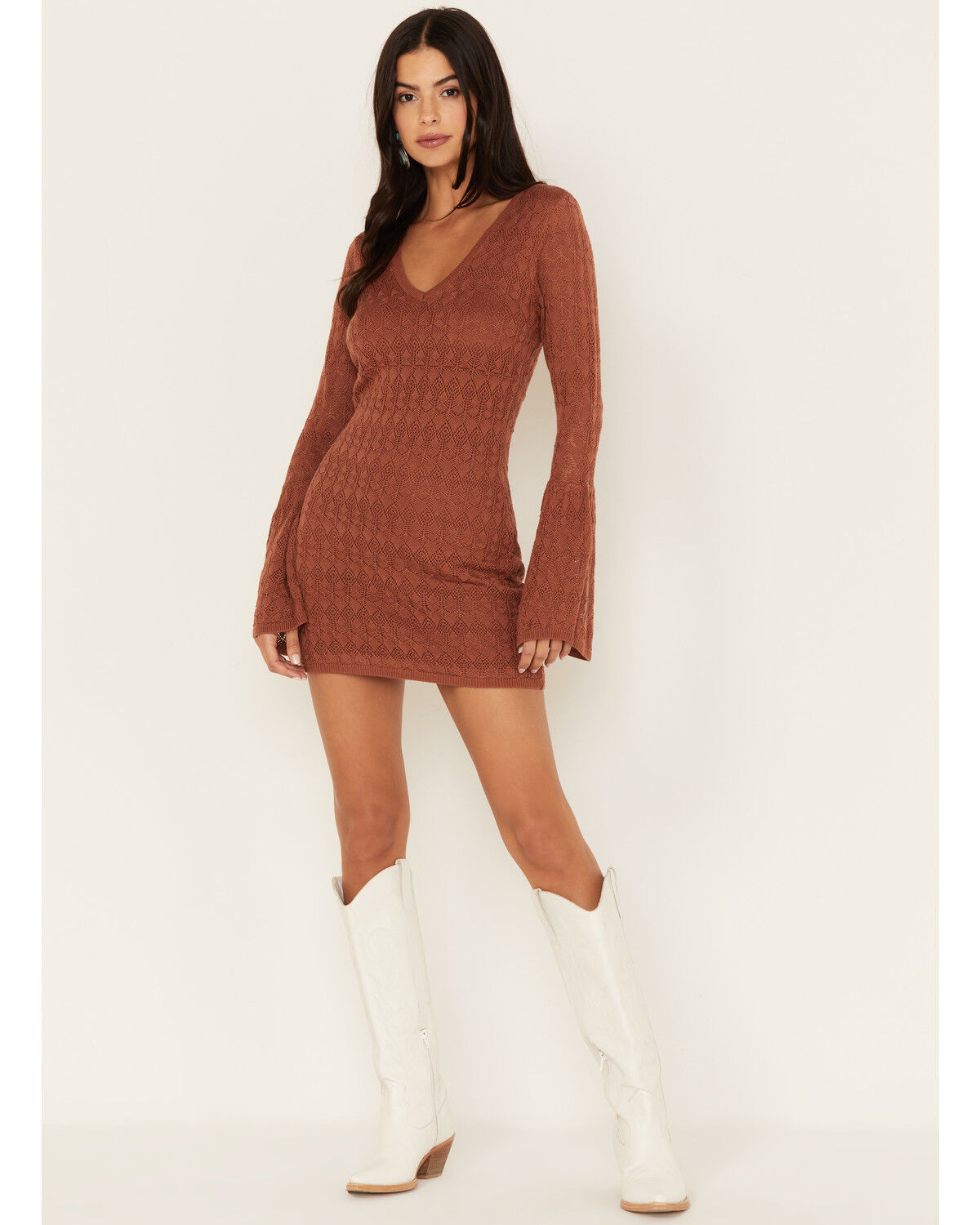 Image #1 - Shyanne Women's Lace Bell Sleeve Mini Dress, Brown, hi-res