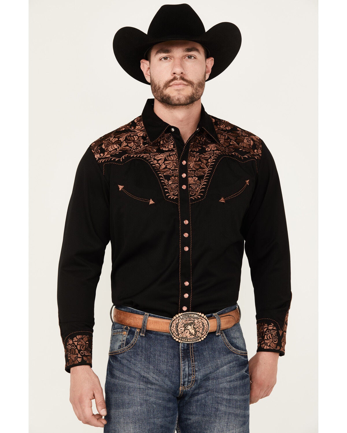 Scully Men's Embroidered Gunfighter Long Sleeve Snap Western Shirt, Black, hi-res