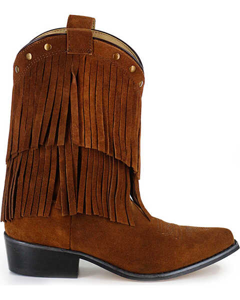 Shyanne Girls' Double-Fringe Western Boots - Snip Toe, Brown, hi-res