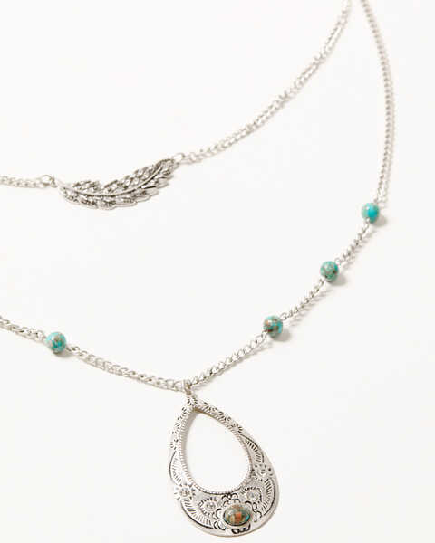 Shyanne Women's Mystic Summer Layered Teardrop & Feather Necklace, Silver, hi-res