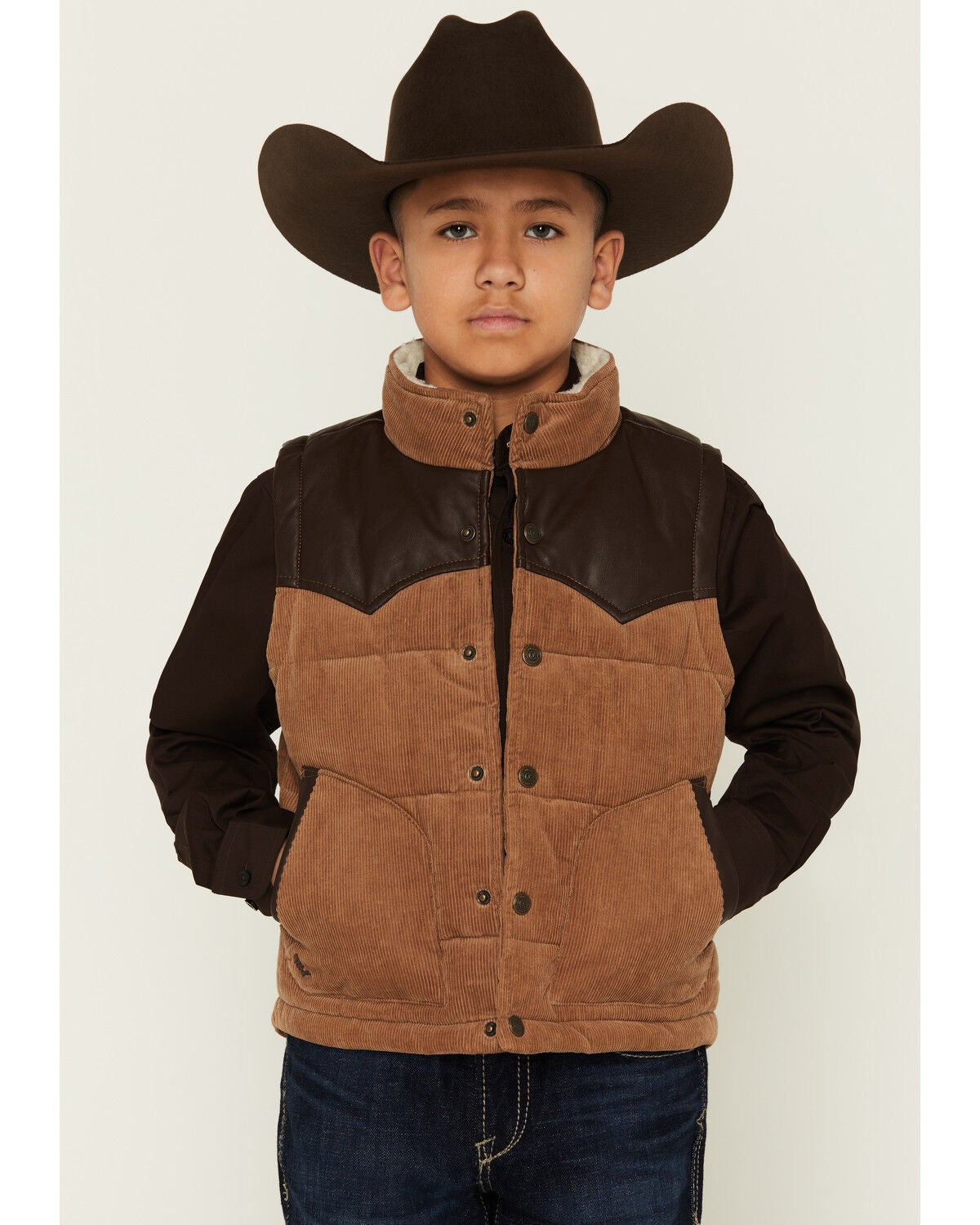 Cody James Boys' Lonoke Corduroy Faux Leather Vest, Tan, hi-res
