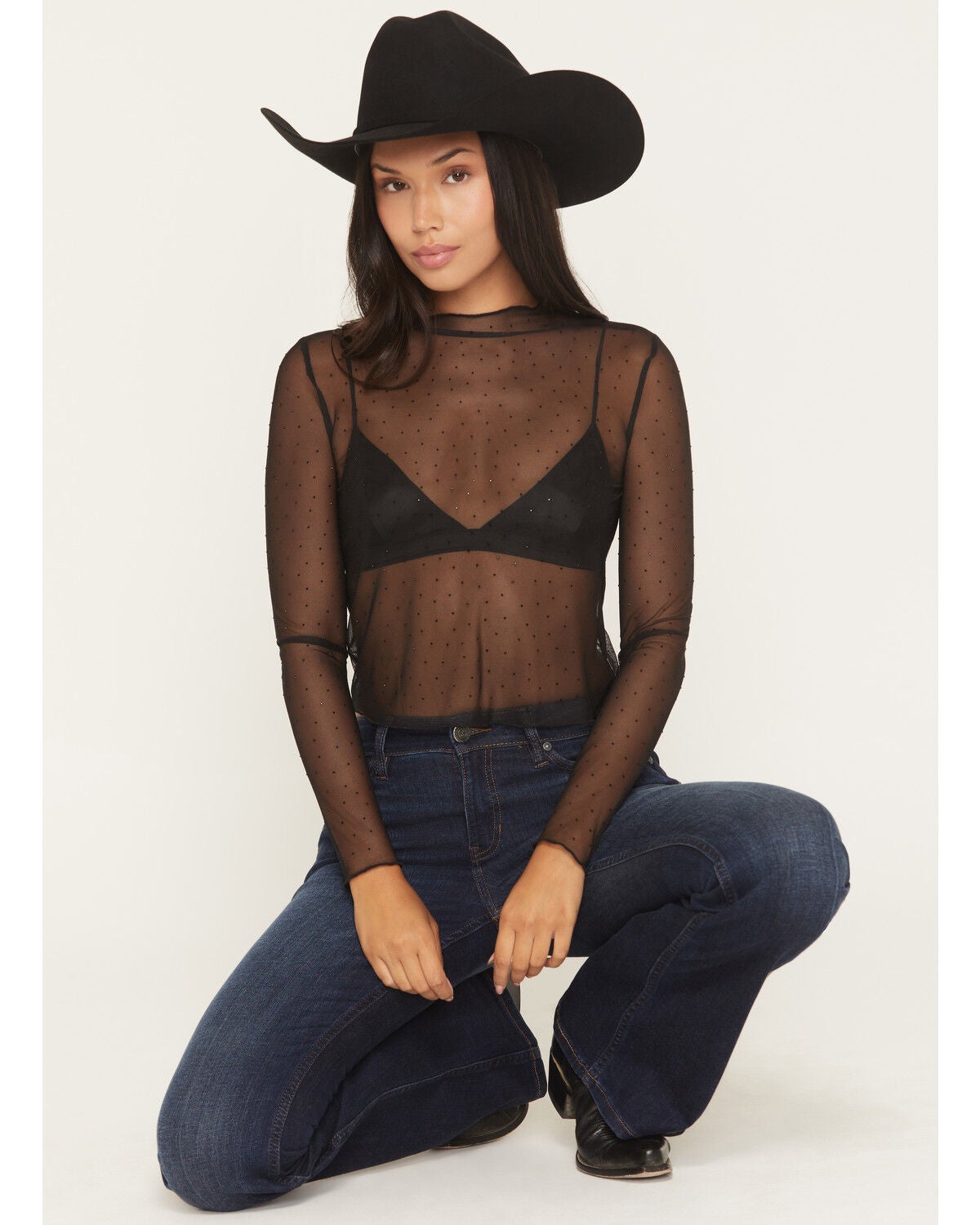 Rock & Roll Denim Women's Rhinestone Mesh Long Sleeve Cropped Shirt, Black, hi-res