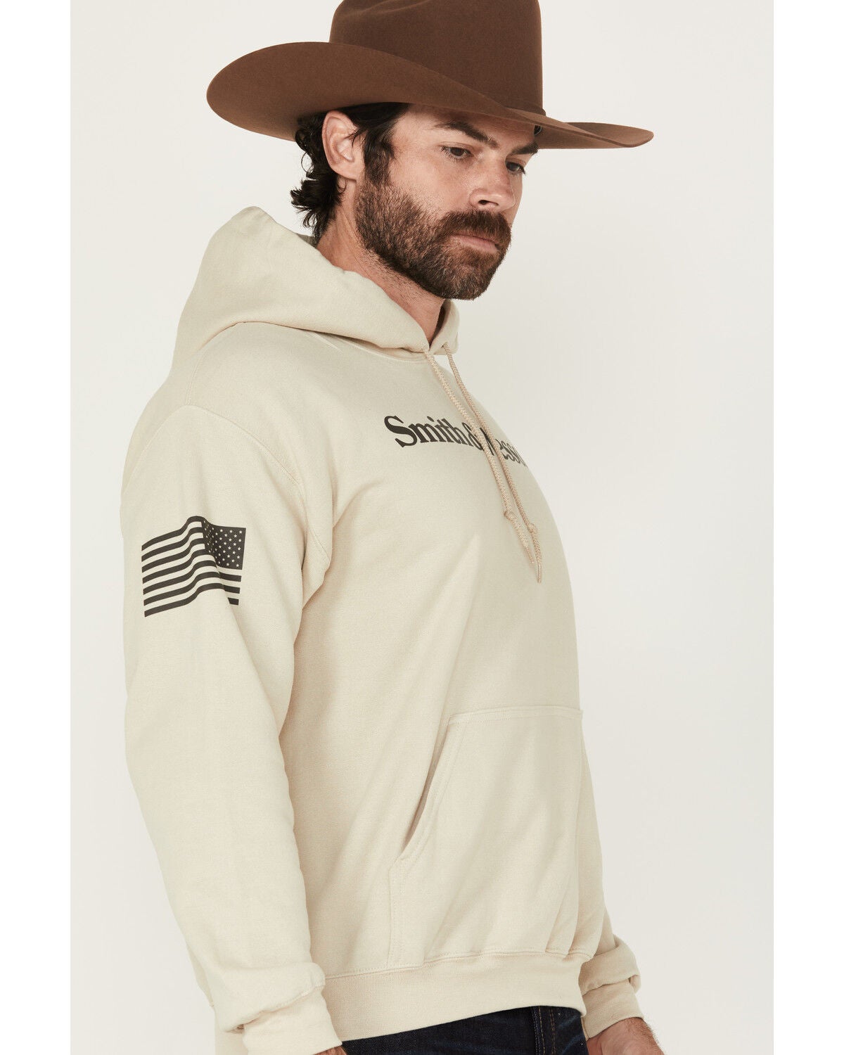 Image #2 - Smith & Wesson Men's Logo Flag Graphic Hooded Sweatshirt, Sand, hi-res