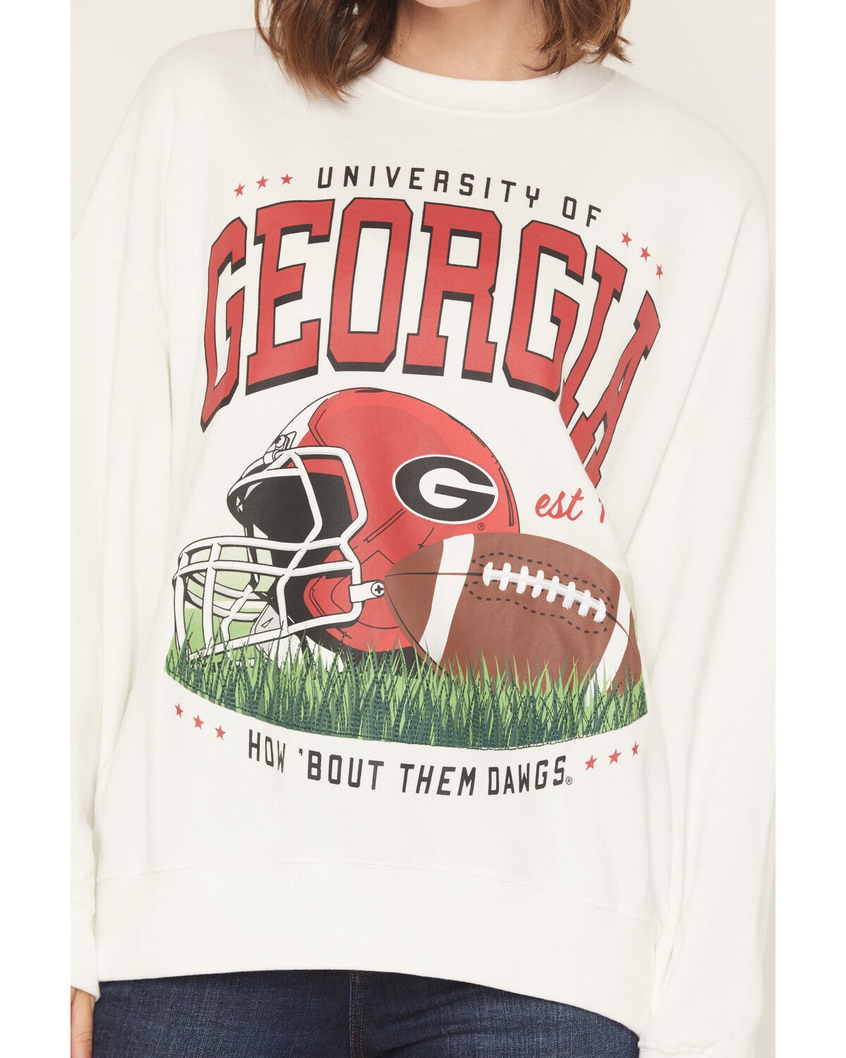 Image #3 - Gameday Women's UGA Bulldogs Helmet Embroidered Graphic Crewneck, White, hi-res