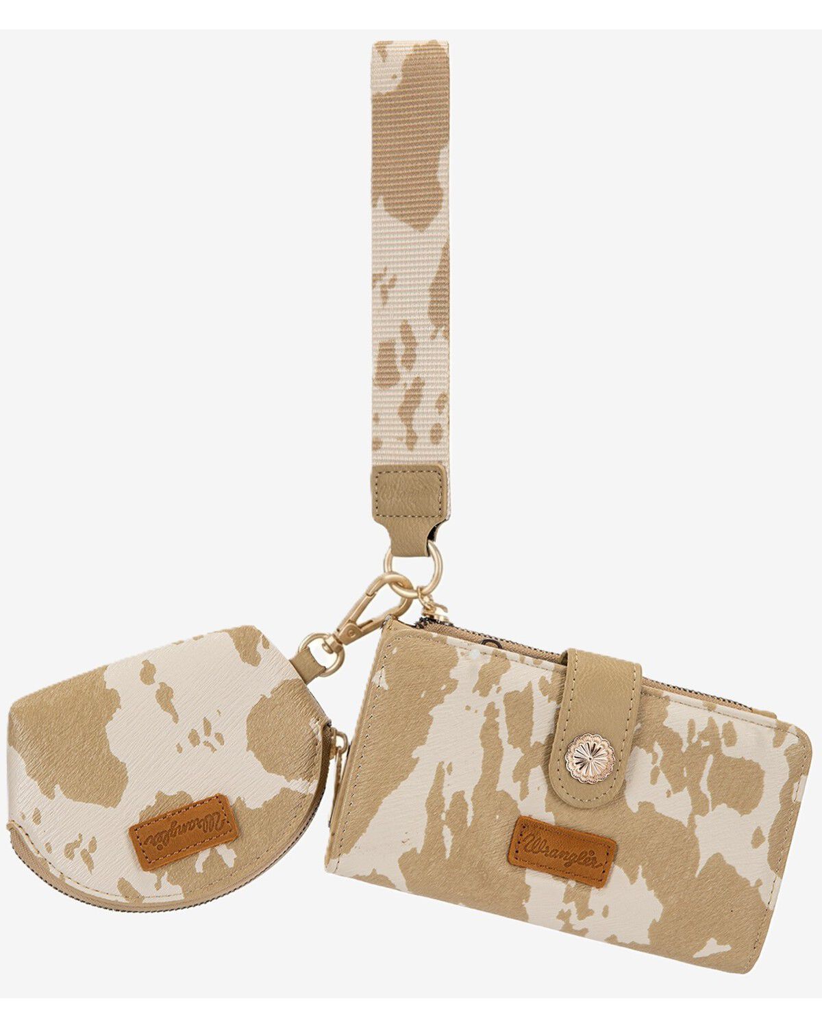 Wrangler X Boot Barn Women's Cow Print Wristlet Set - 3 Piece, Tan, hi-res