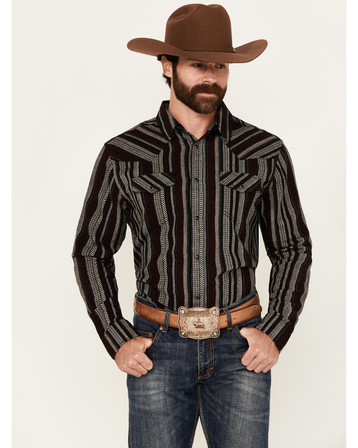 Image #1 - Cody James Men's Caspian Serape Striped Long Sleeve Snap Western Shirt - Tall, Burgundy, hi-res