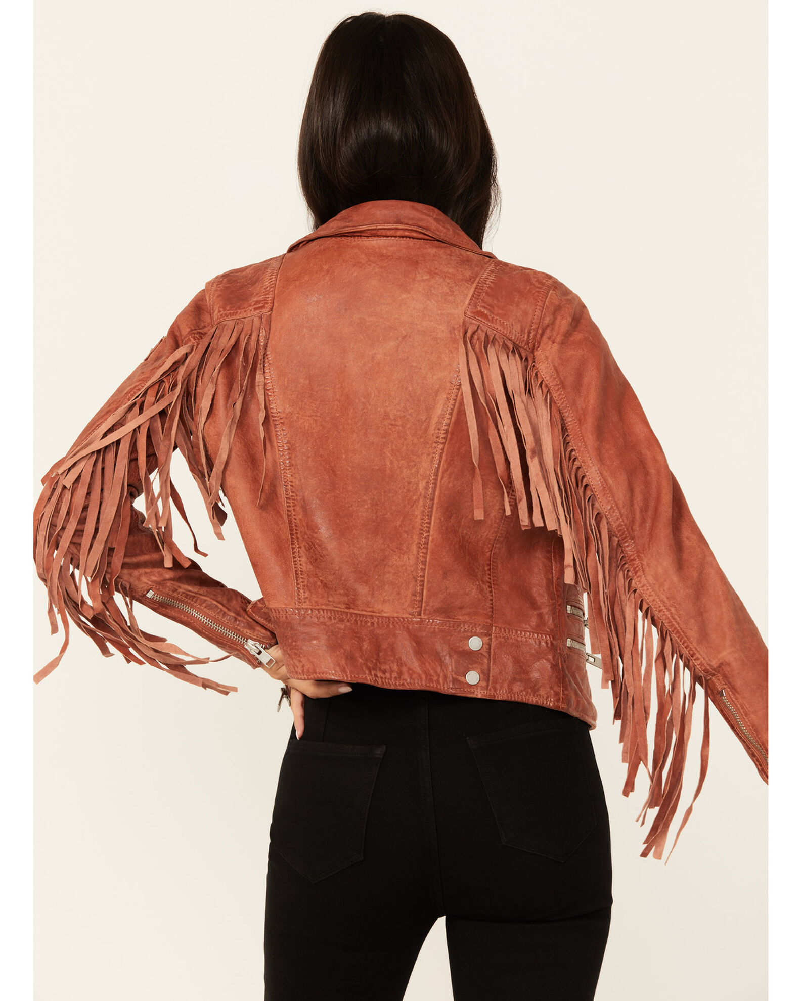 Mauritius Leather Women s Zoe RF Fringe Sleeve Leather Moto Jacket Country Outfitter
