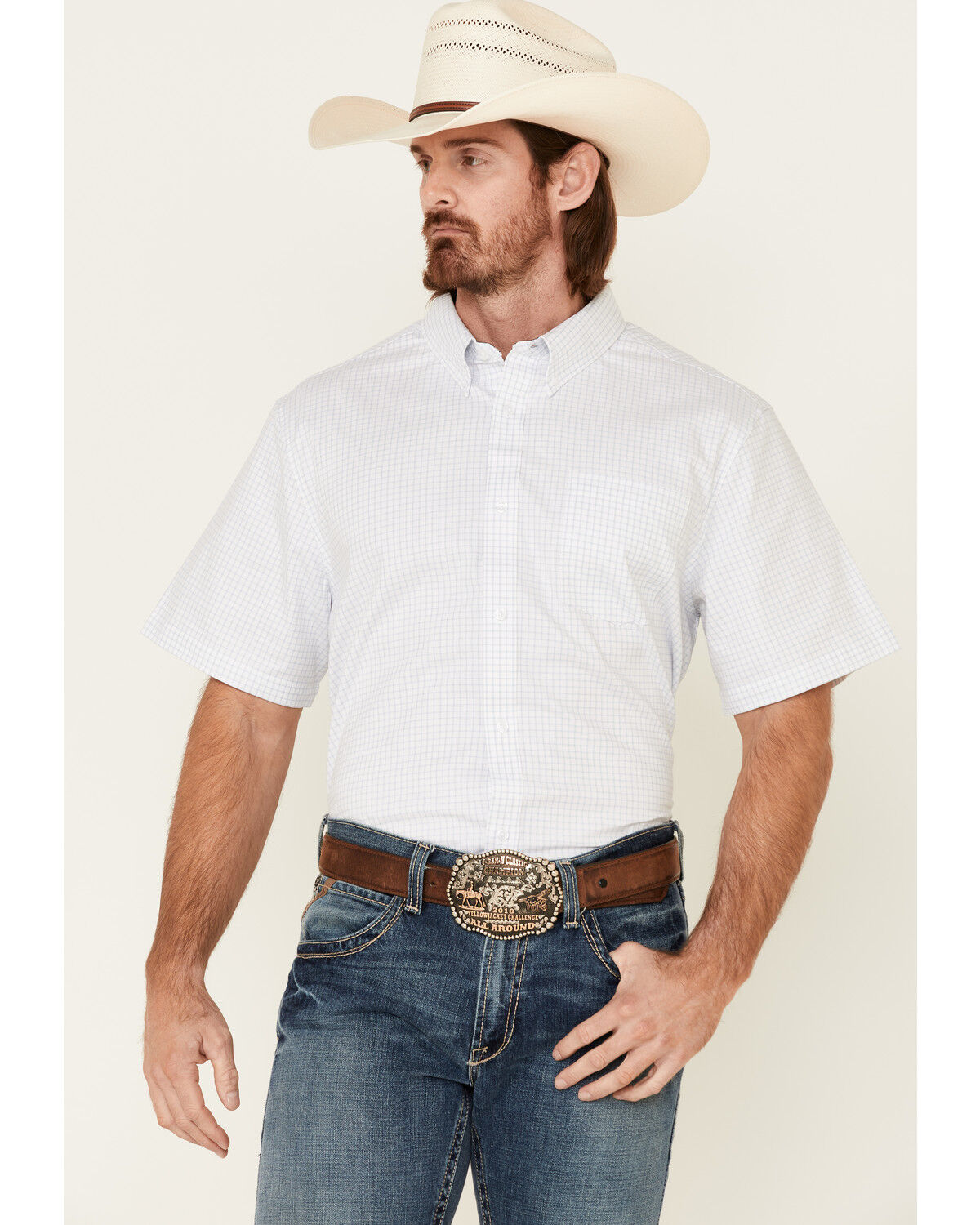 Image #1 - Cody James Core Men's Wichita Small Plaid Short Sleeve Button Down Western Shirt - Tall, Light Blue, hi-res