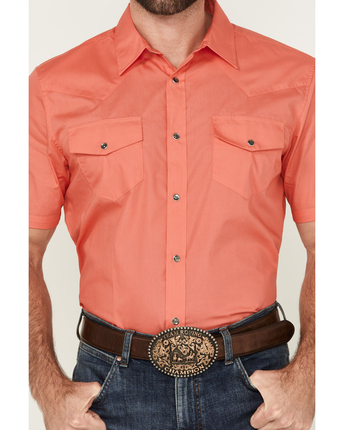 Image #3 - Gibson Trading Co Men's White Water Solid Short Sleeve Snap Stretch Western Shirt - Tall, Coral, hi-res