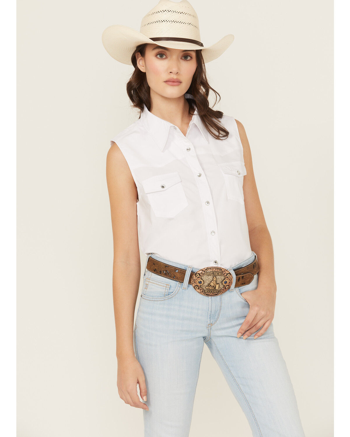 Image #1 - Cowgirl Hardware Women's Solid Sleeveless Snap Stretch Western Shirt, White, hi-res