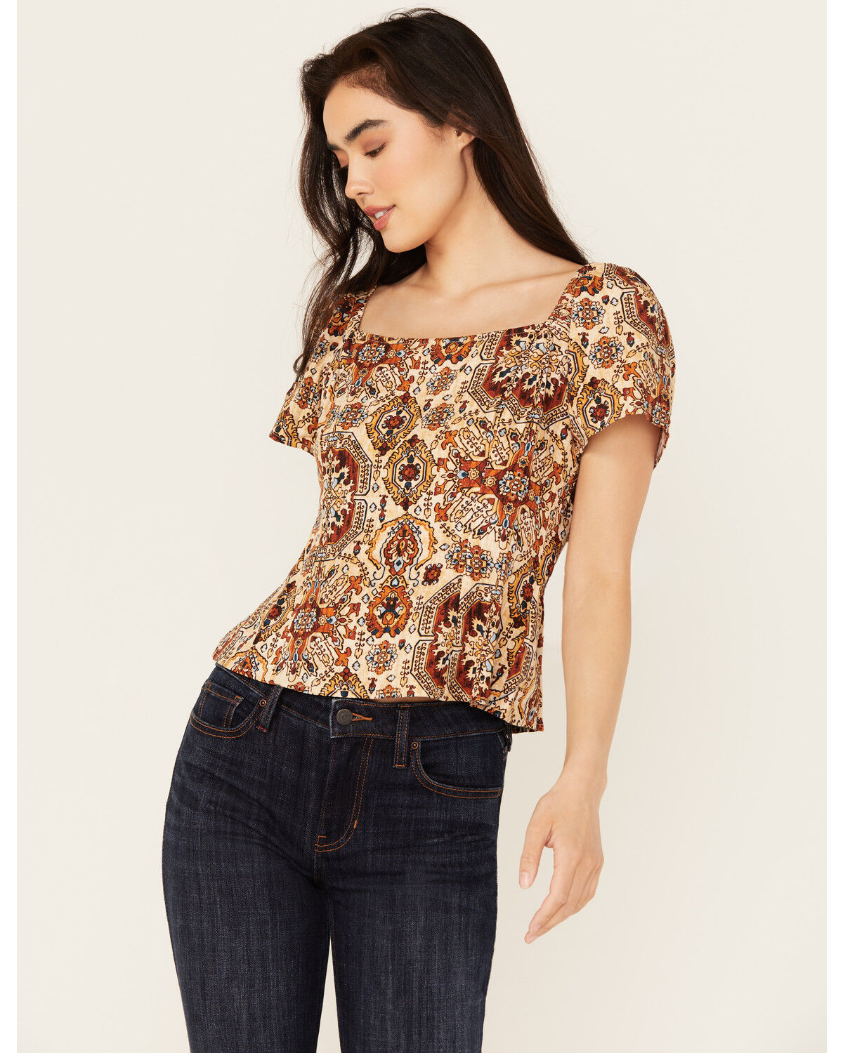 Image #1 - Idyllwind Women's Slaydon Tapestry Print Short Sleeve Shirt, Lt Brown, hi-res