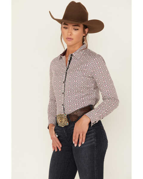 Image #2 - RANK 45® Women's Geo Print Long Sleeve Button-Down Stretch Riding Shirt, Ivory, hi-res