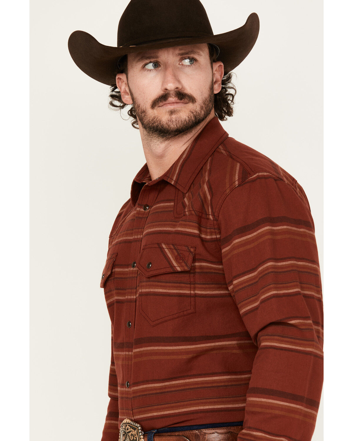 Image #2 - Blue Ranchwear Men's Range Striped Long Sleeve Snap Western Shirt, Red, hi-res