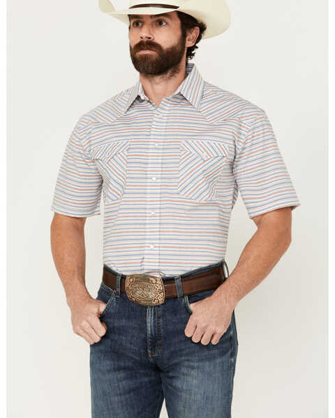 Panhandle Men's Serape Striped Short Sleeve Pearl Snap Western Shirt , Cream, hi-res