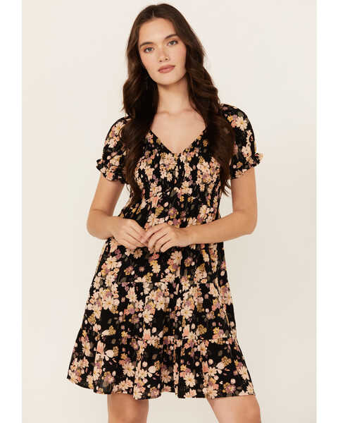 Angie Women's Floral Print Smocked Bodice Mini Dress, Black, hi-res