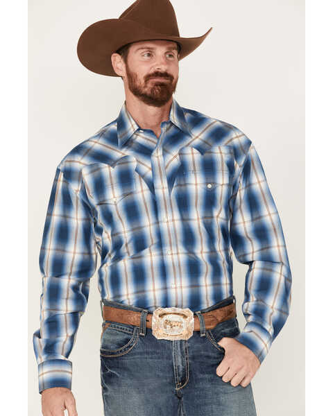 Image #1 - Stetson Men's Fancy Large Plaid Print Long Sleeve Pearl Snap Western Shirt, Blue, hi-res