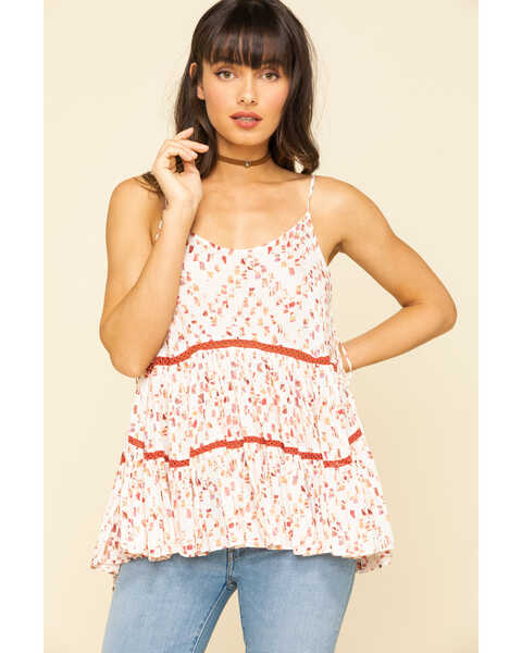 Image #1 - Miss Me Women's Ivory & Red Print Tiered Top, Rust Copper, hi-res