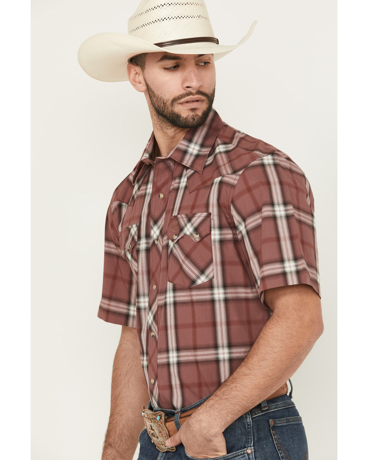 Image #2 - Wrangler Retro Men's Plaid Print Short Sleeve Snap Western Shirt - Tall, Burgundy, hi-res
