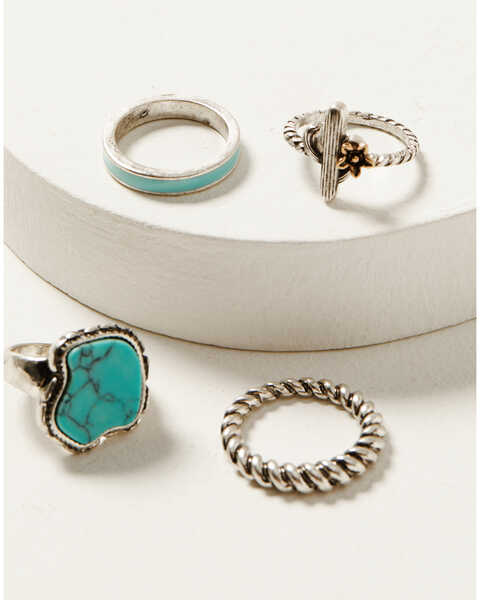 Shyanne Women's Cactus Flower Turquoise Stone Ring Set - 4-Piece, Silver, hi-res