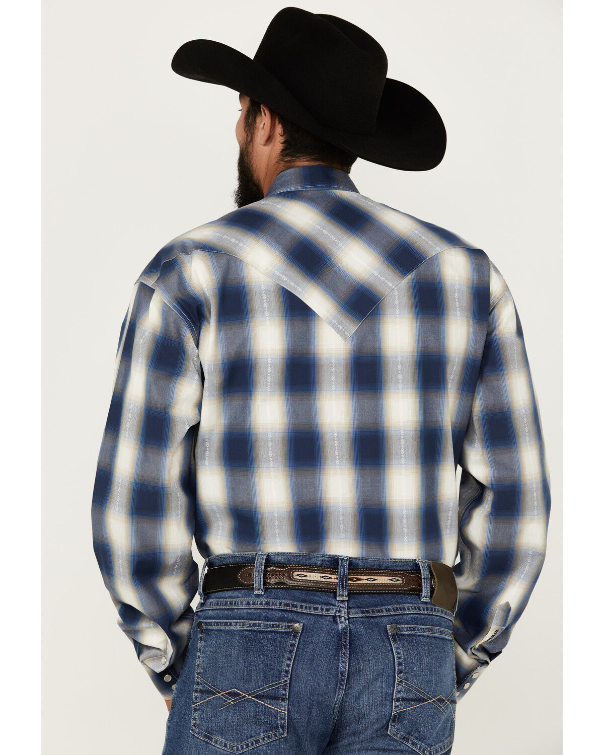 Image #4 - Stetson Men's Plaid Print Long Sleeve Pearl Snap Western Shirt, Dark Blue, hi-res