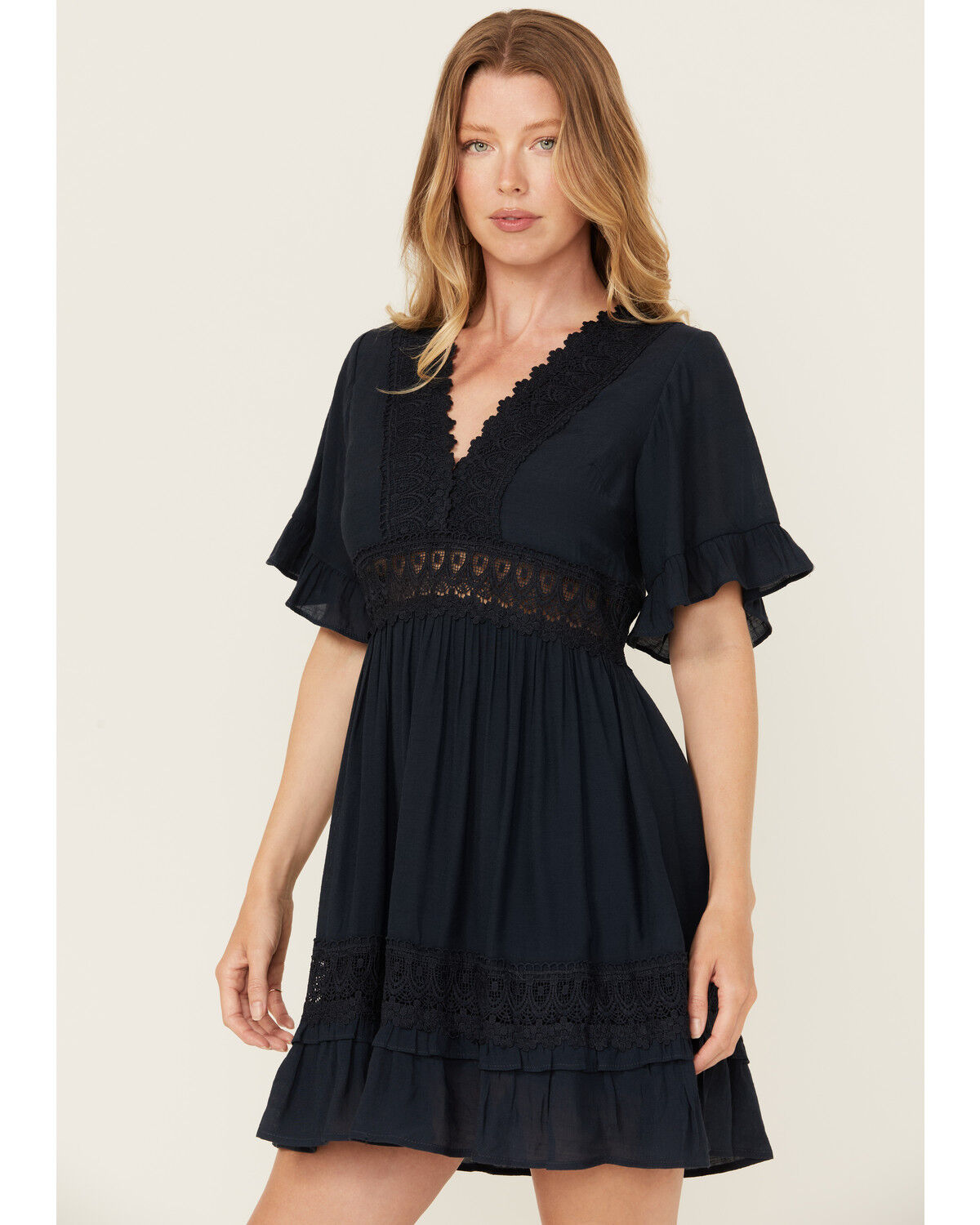 Image #2 - Wishlist Women's Solid Lace Trim Mini Dress, Navy, hi-res