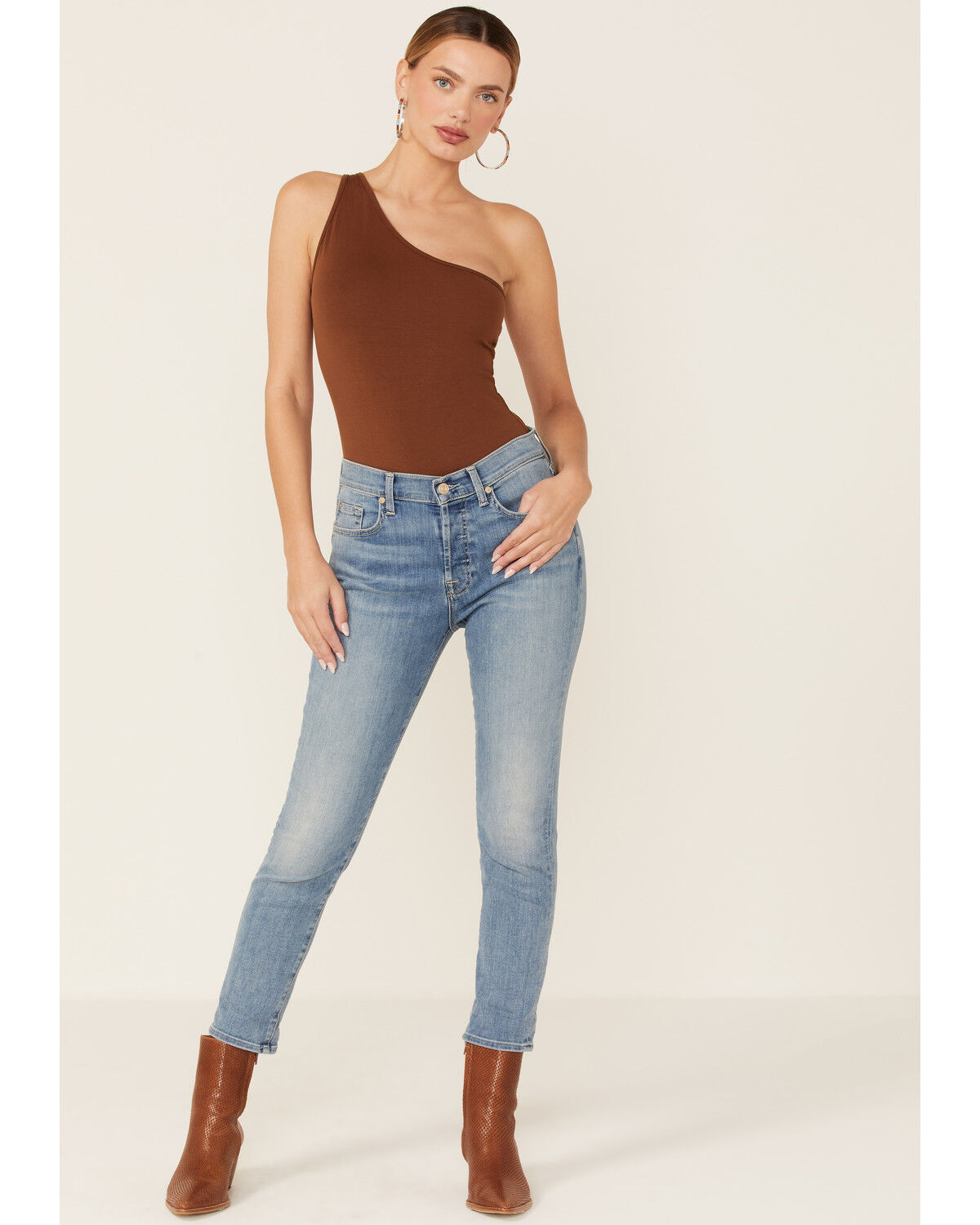 Image #1 - 7 For All Mankind Light Wash Mid Rise Crop Skinny Denim Jeans, Blue, hi-res