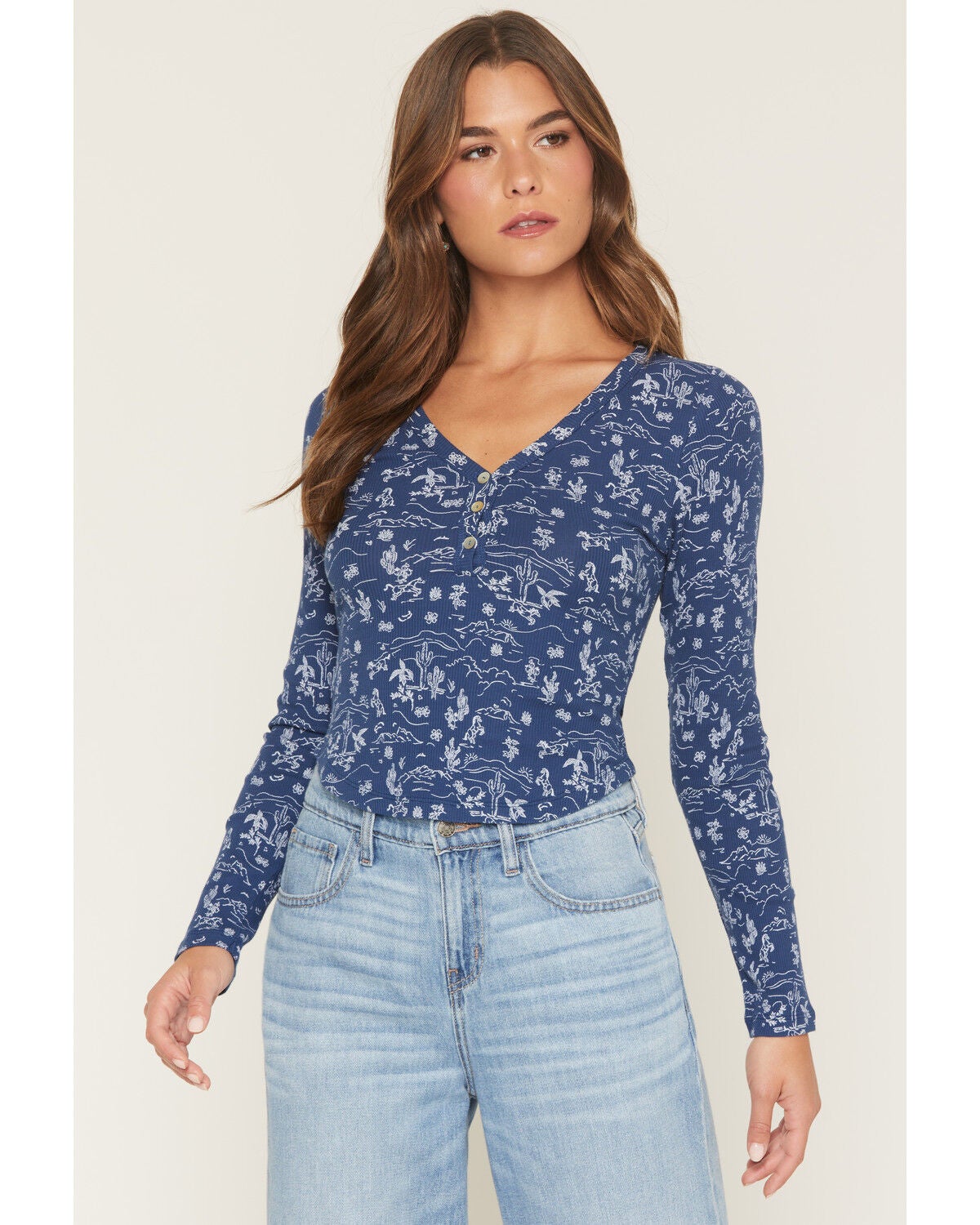 Wild Moss Women's Conversational Print Long Sleeve Thermal Shirt, Navy, hi-res