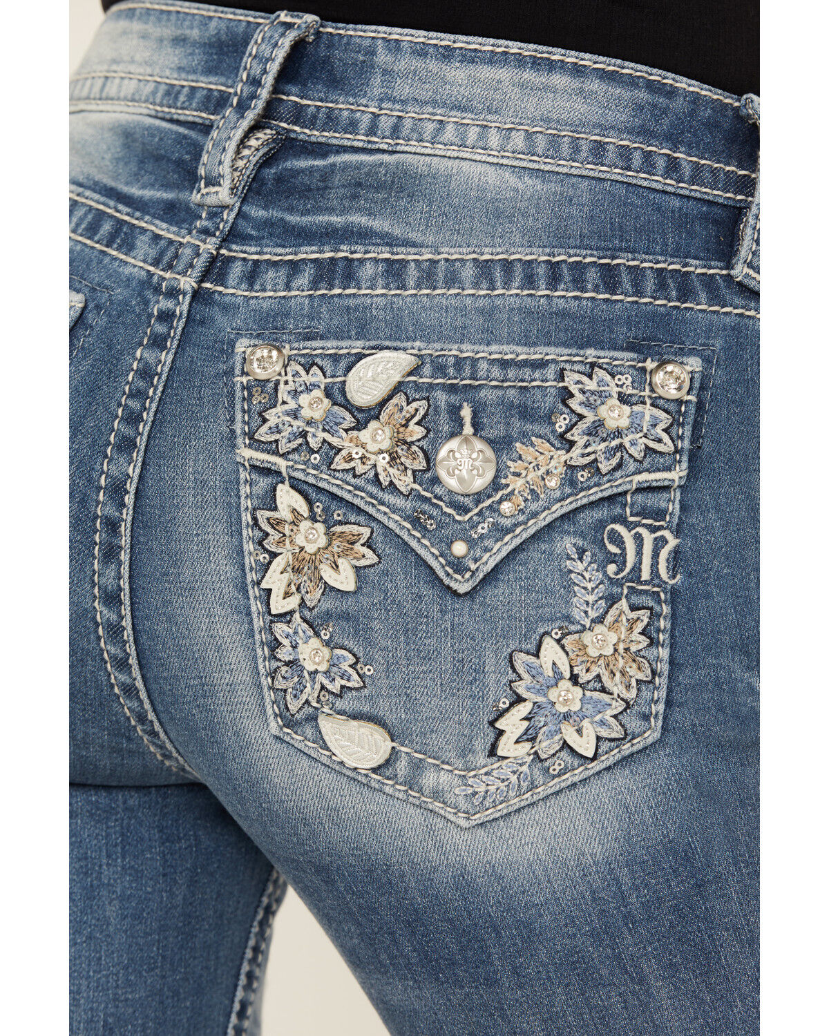Image #2 - Miss Me Women's Medium Wash Mid Rise Floral Pocket Bootcut Stretch Denim Jeans, , hi-res