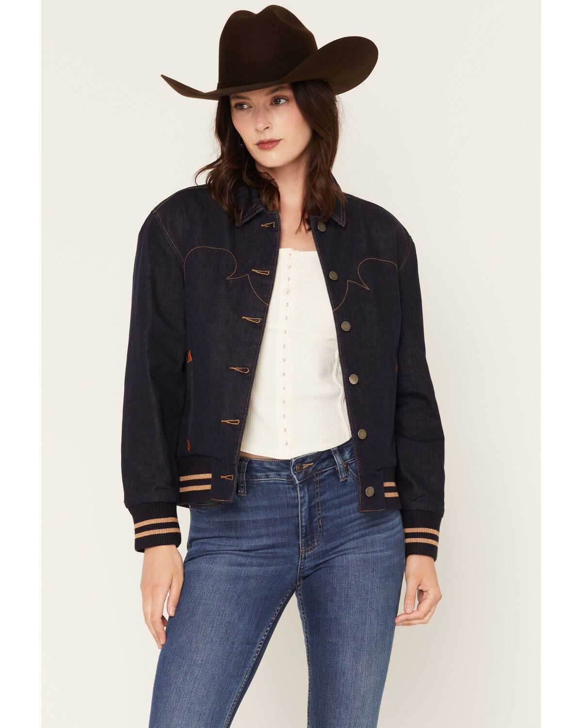 Image #1 - Rock & Roll Denim Women's Dark Wash Bomber Jacket, Dark Wash, hi-res