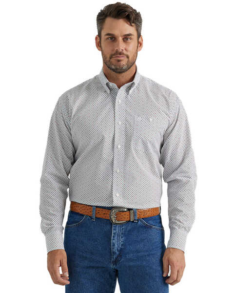 Wrangler Men's Geo Print Long Sleeve Button-Down Western Shirt - Tall, White, hi-res