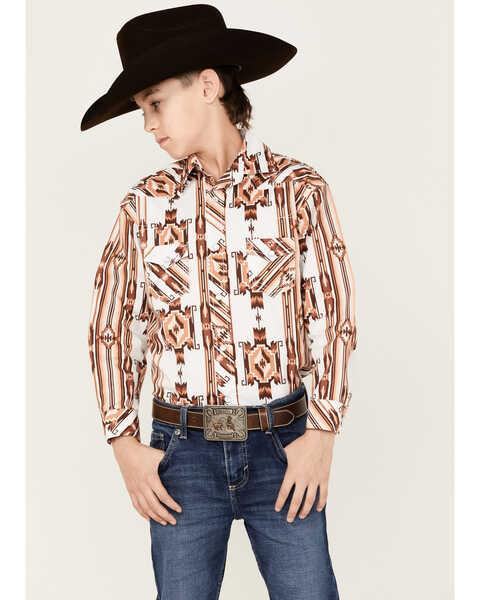 Rock & Roll Denim Boys' Southwestern Print Long Sleeve Pearl Snap Stretch Western Shirt, Natural, hi-res