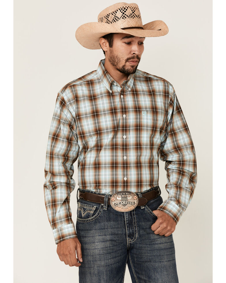 Cinch Men's Brown Large Plaid Long Sleeve Button-Down Western Shirt , Brown, hi-res