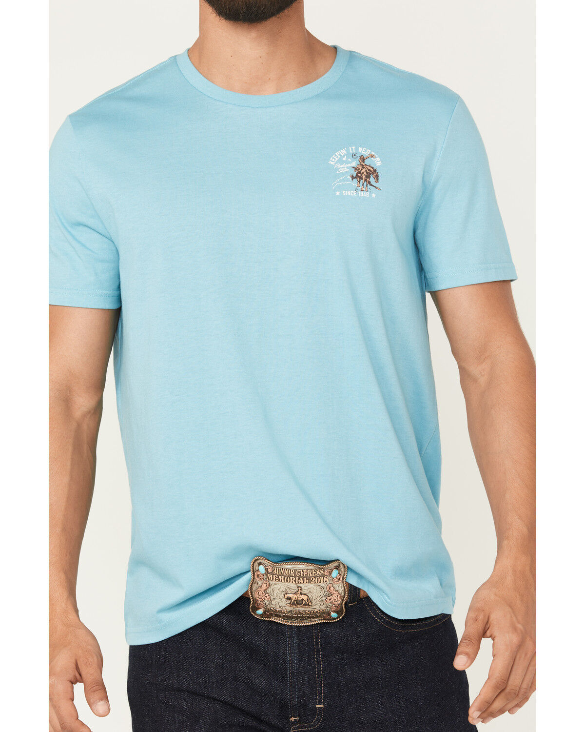 Image #3 - Panhandle Slim Men's Keepin' It Western Short Sleeve Graphic T-Shirt, Turquoise, hi-res