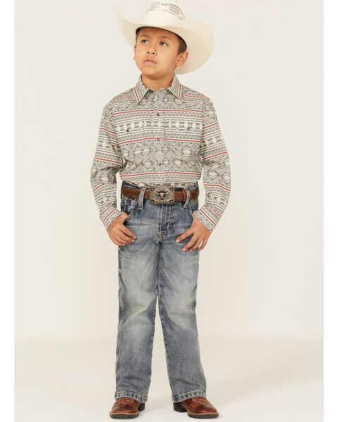 Image #2 - Roper Boys' Southwestern Stripe Print Long Sleeve Snap Western Shirt, Grey, hi-res