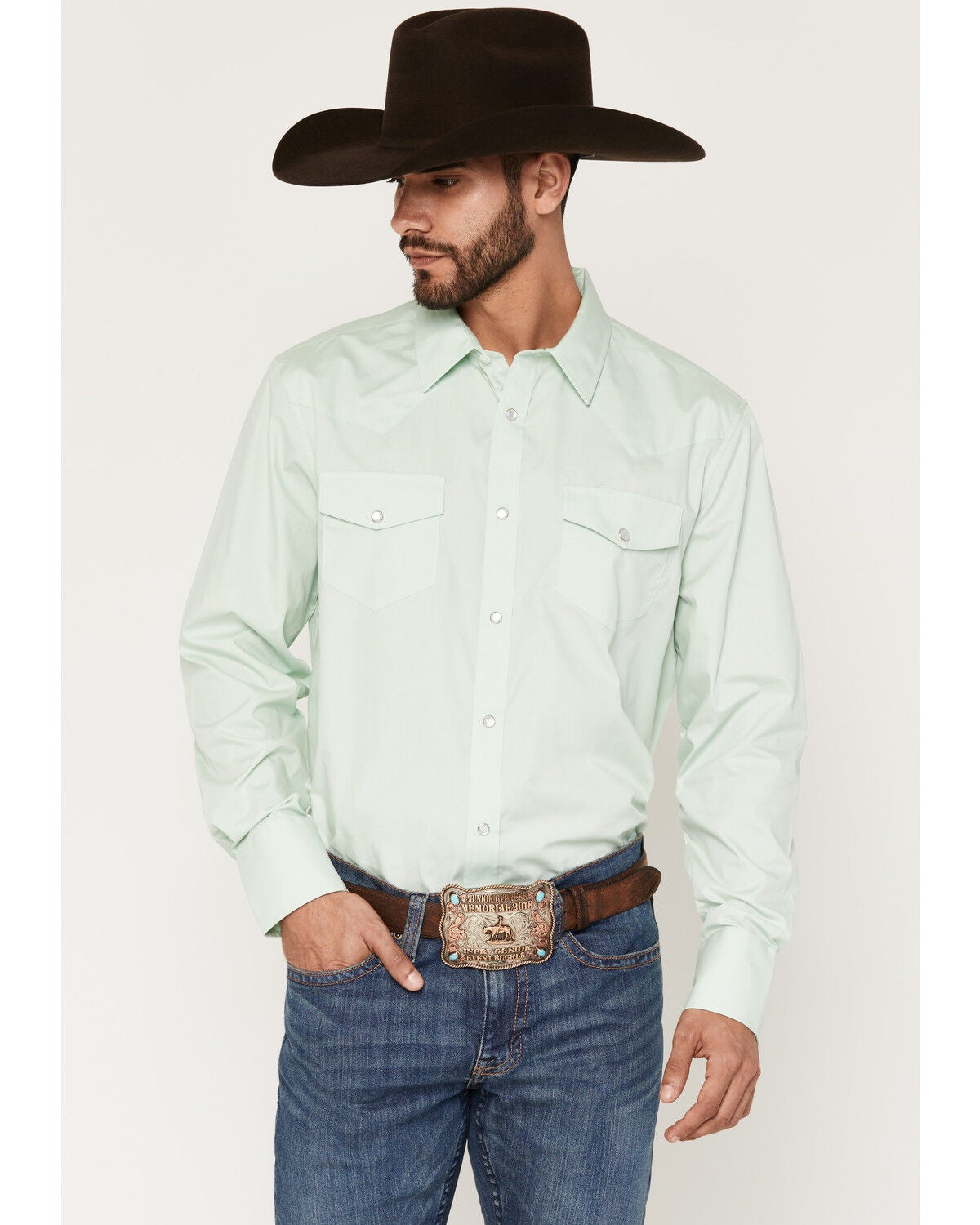 Image #1 - Gibson Trading Co Men's Basic Solid Long Sleeve Snap Western Shirt, Sage, hi-res
