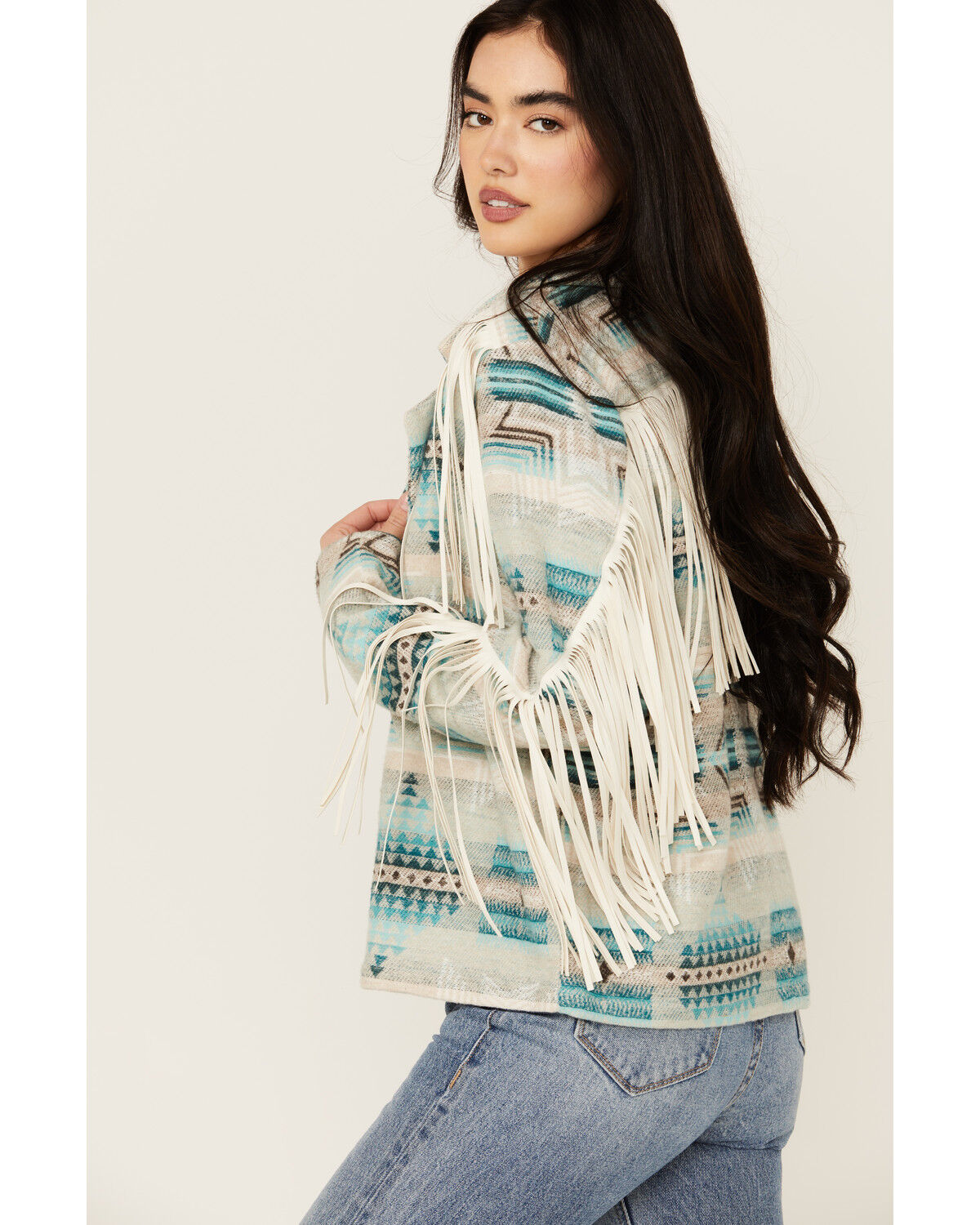 Image #2 - Rock & Roll Denim Women's Southwestern Print Fringe Jacket, Blue, hi-res