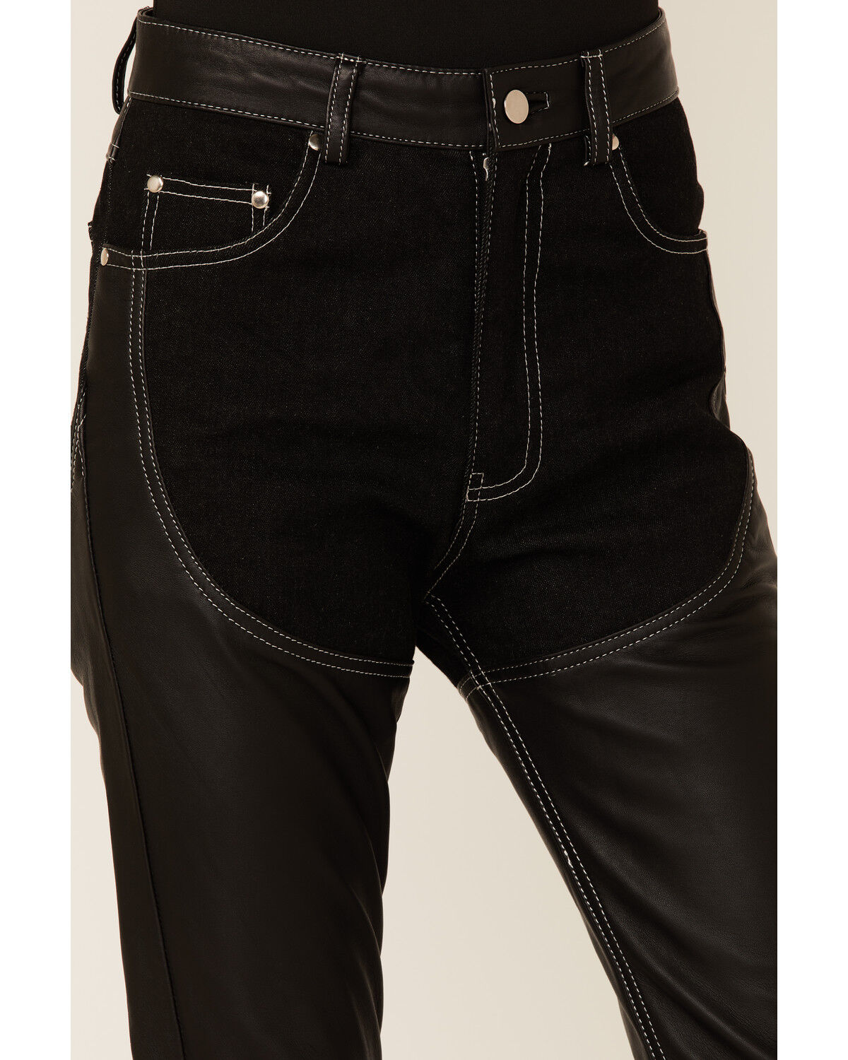 Image #2 - Understated Leather Women's Cowboy Denim & Leather Fringe Chap Jeans, Black, hi-res