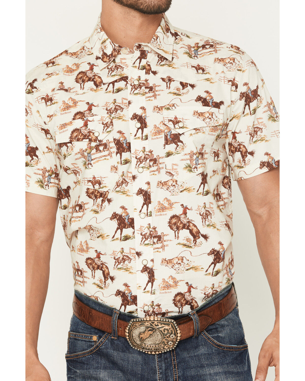 Image #3 - Pendleton Men's Laramie Wild Horse Print Short Sleeve Snap Western Shirt, Cream, hi-res