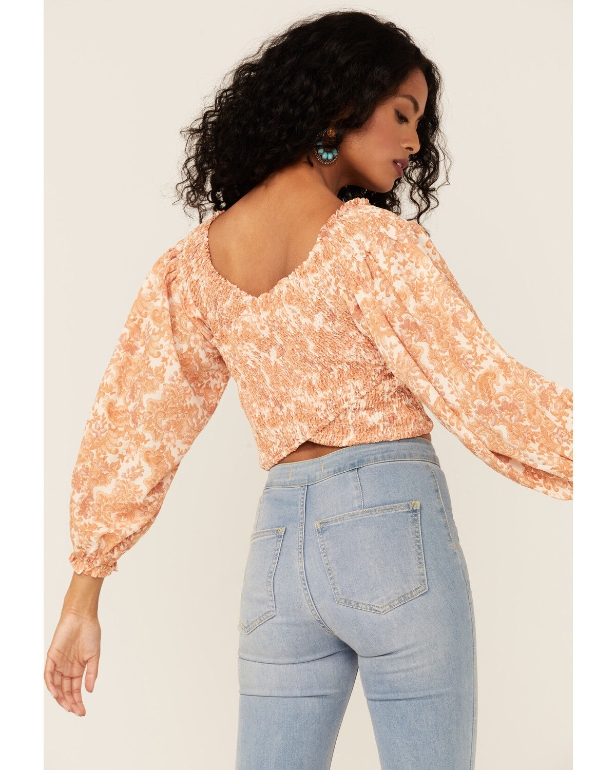 Image #4 - Flying Tomato Women's Criss Cross Smocked Long Sleeve Crop Top, Ivory, hi-res