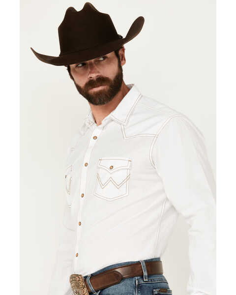 Wrangler Retro Premium Men's White Solid Long Sleeve Western Shirt , White, hi-res