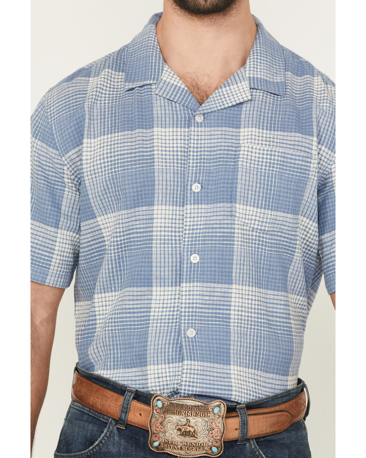 Image #3 - Pendleton Men's Camp Linen Plaid Print Short Sleeve Button-Down Western Shirt, Blue, hi-res