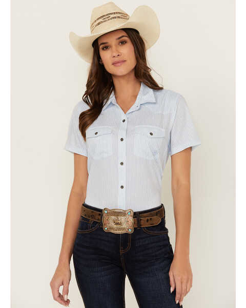 Ariat Women's Striped VentTek Short Sleeve Button-Down Western Shirt , Blue, hi-res