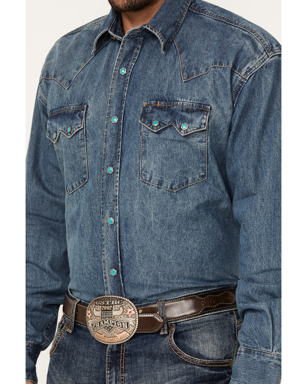 Image #3 - Stetson Men's Denim Long Sleeve Snap Western Shirt, Denim, hi-res