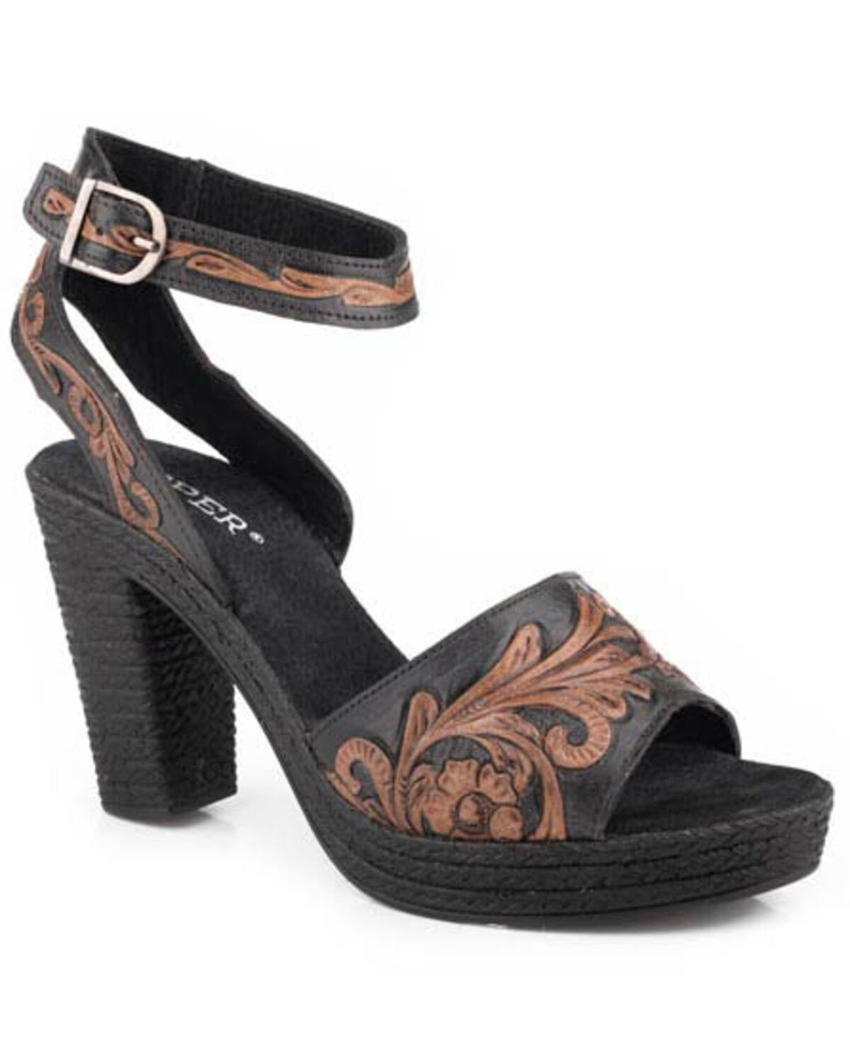 Image #1 - Roper Women's High Tide Tooled Sandals, Black, hi-res