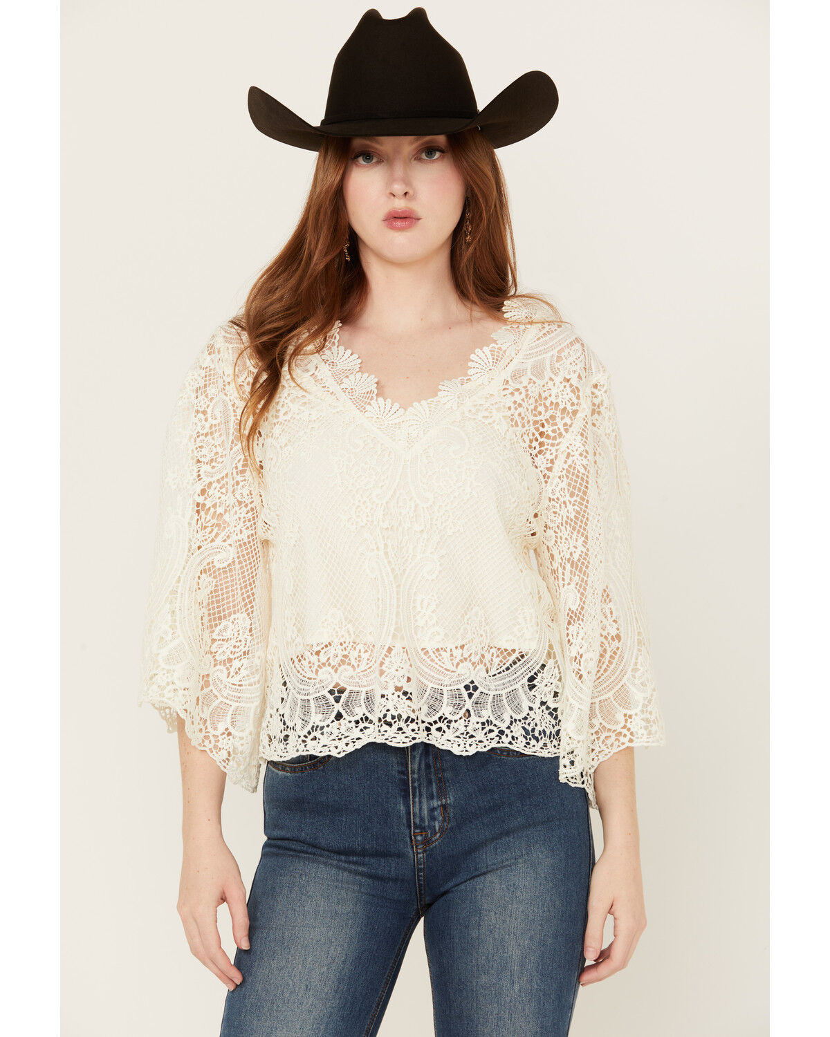 Image #2 - Miss Me Women's Paisley Embroidered Long Sleeve Blouse, Cream, hi-res