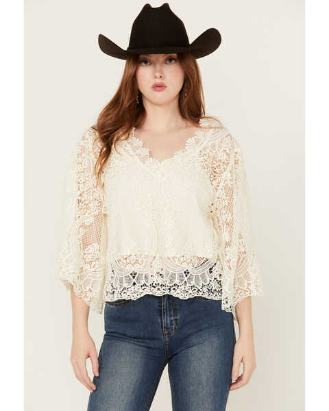 Image #2 - Miss Me Women's Paisley Embroidered Long Sleeve Blouse , Cream, hi-res