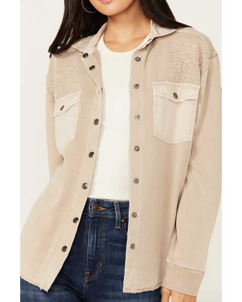Image #3 - Cleo + Wolf Women's Embroidered Knit Shacket , Taupe, hi-res