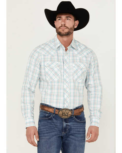 Image #1 - Wrangler 20X Men's Advanced Comfort Plaid Print Long Sleeve Snap Stretch Western Shirt , White, hi-res