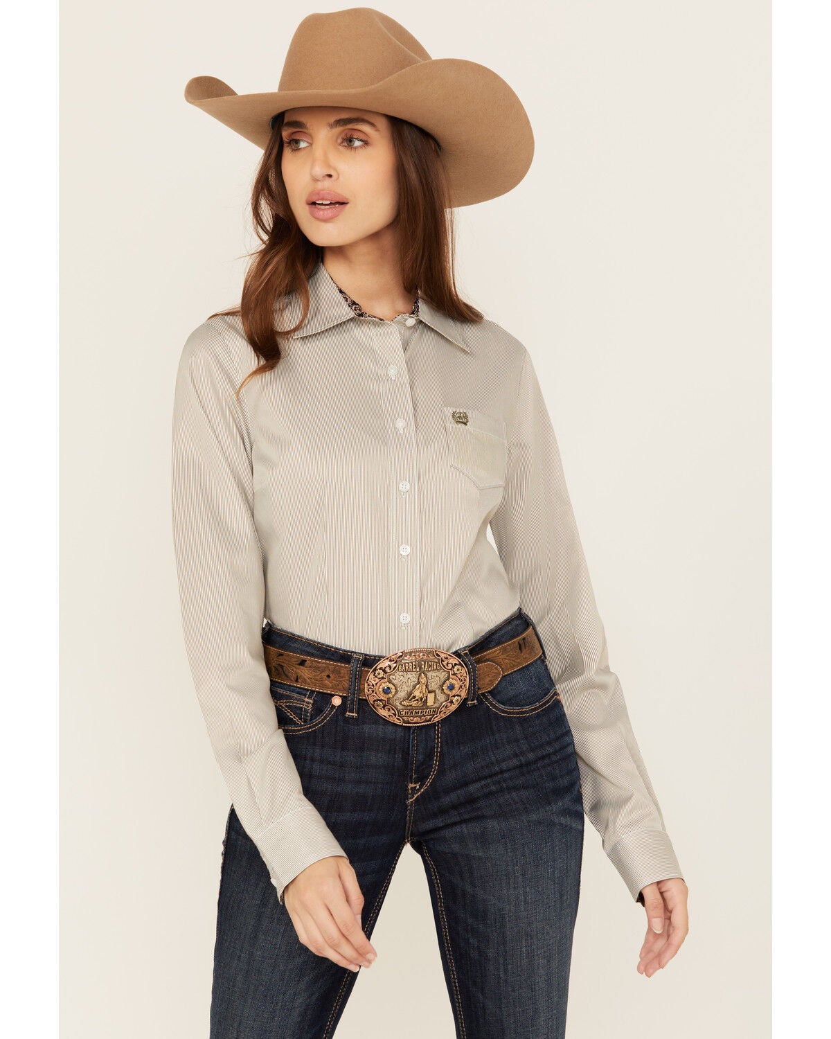 Cinch Women's TENCEL&trade; Striped Long Sleeve Button-Down Western Shirt, Olive, hi-res