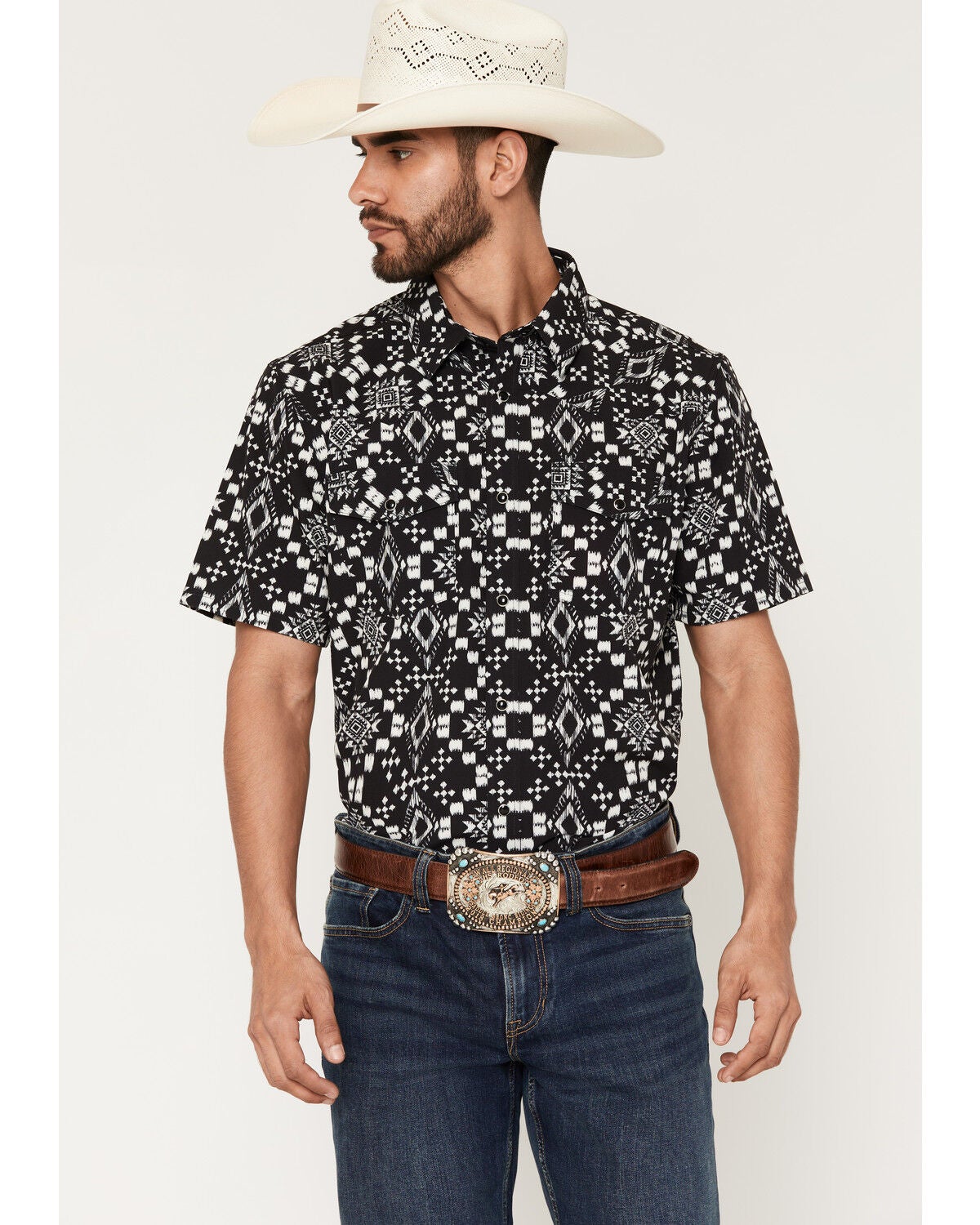 Image #1 - RANK 45&reg; Men's Zig Man Southwestern Print Rodeo Tech 2.0 Short Sleeve Snap Stretch Western Shirt, Black, hi-res